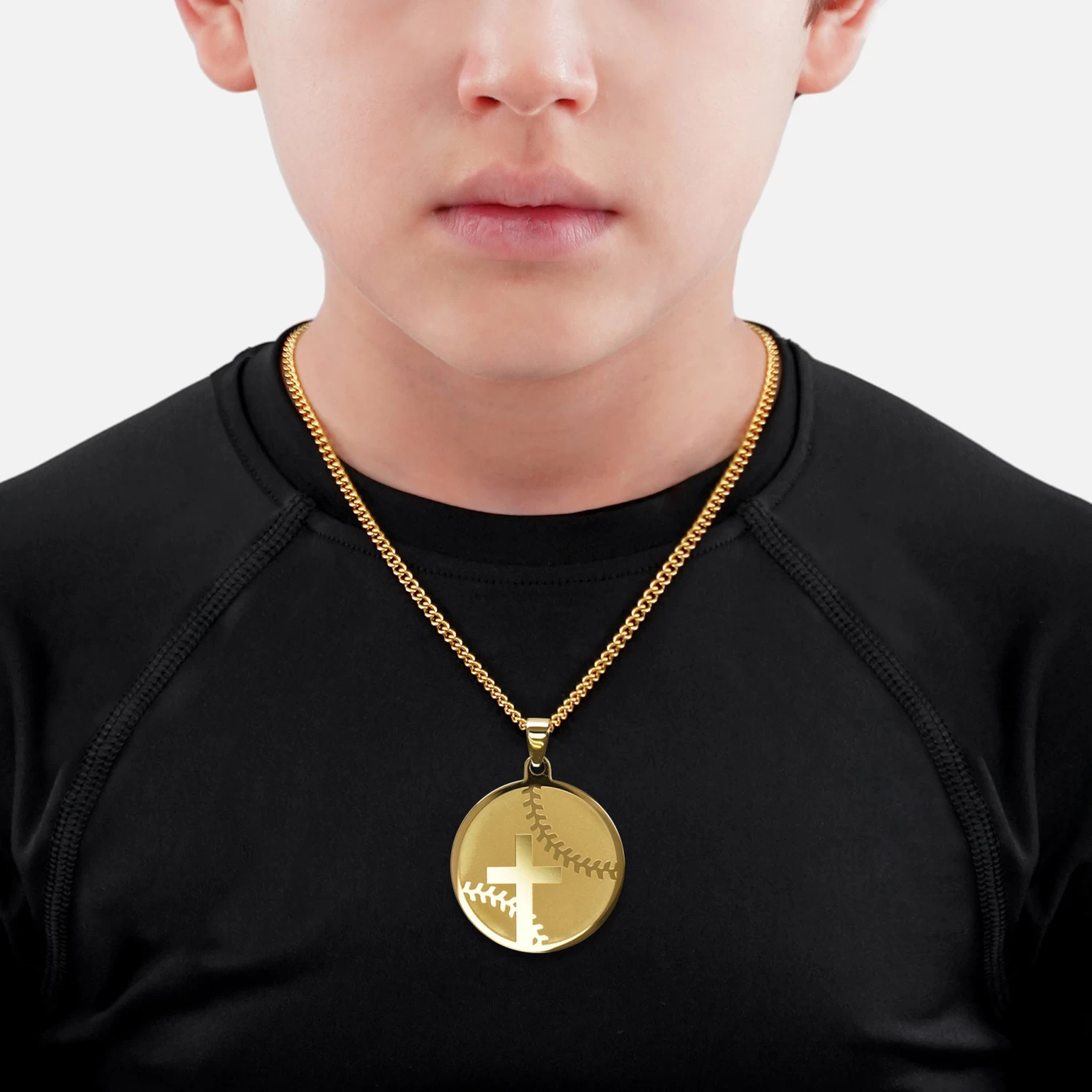 Baseball Faith Cross Pendant With Chain Kids Necklace - Gold Plated Stainless Steel - Image 2