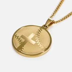 Baseball Faith Cross Pendant With Chain Necklace - Gold Plated Stainless Steel