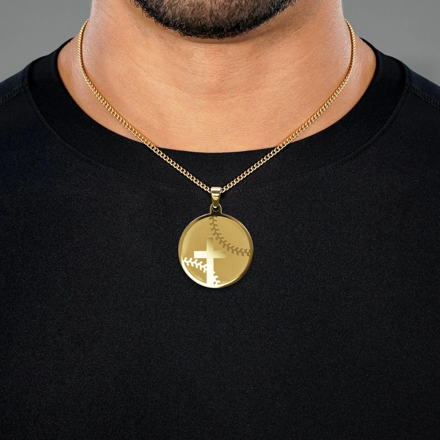 Baseball Faith Cross Pendant With Chain Necklace - Gold Plated Stainless Steel - Image 2