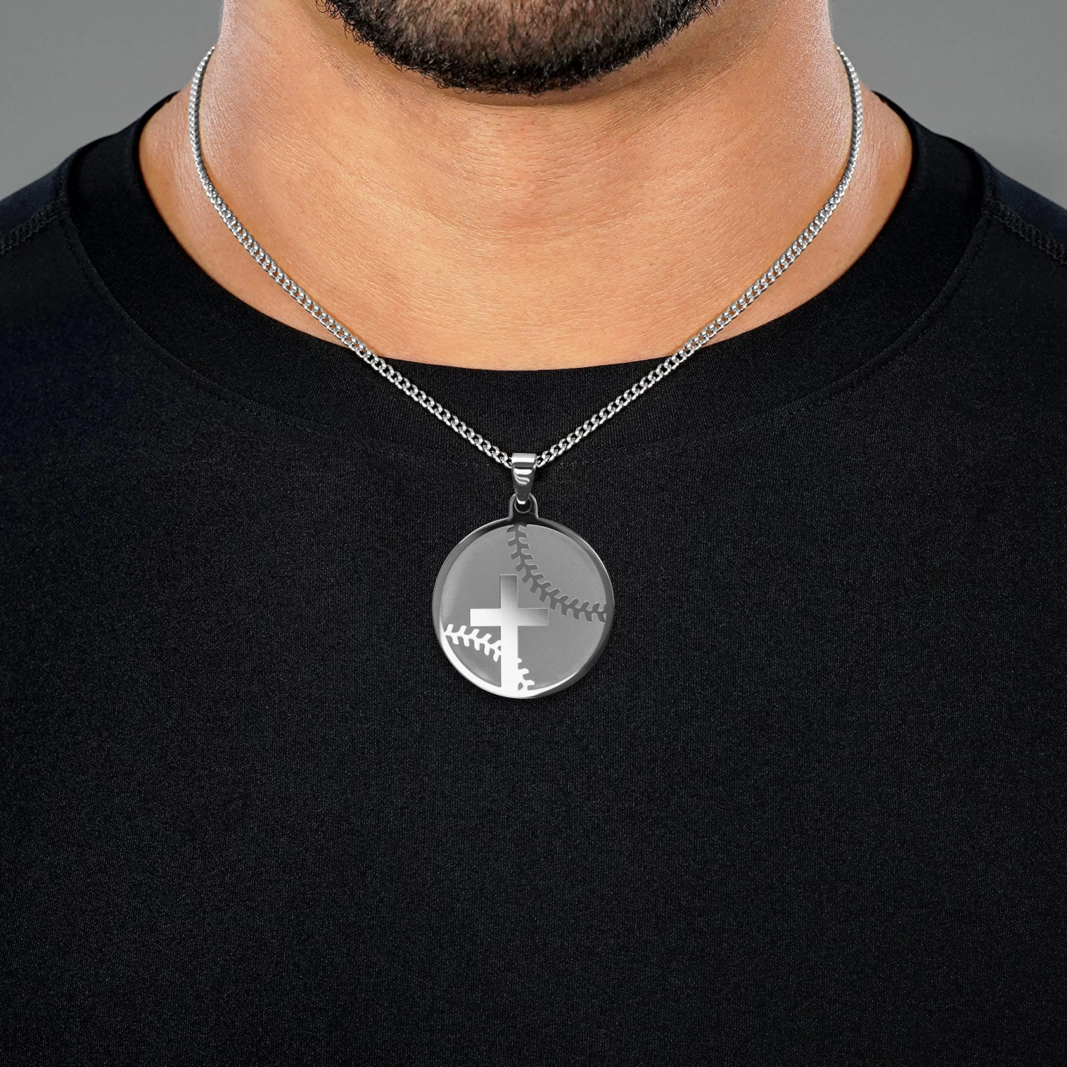 Baseball Faith Cross Pendant With Chain Necklace - Stainless Steel - Image 2
