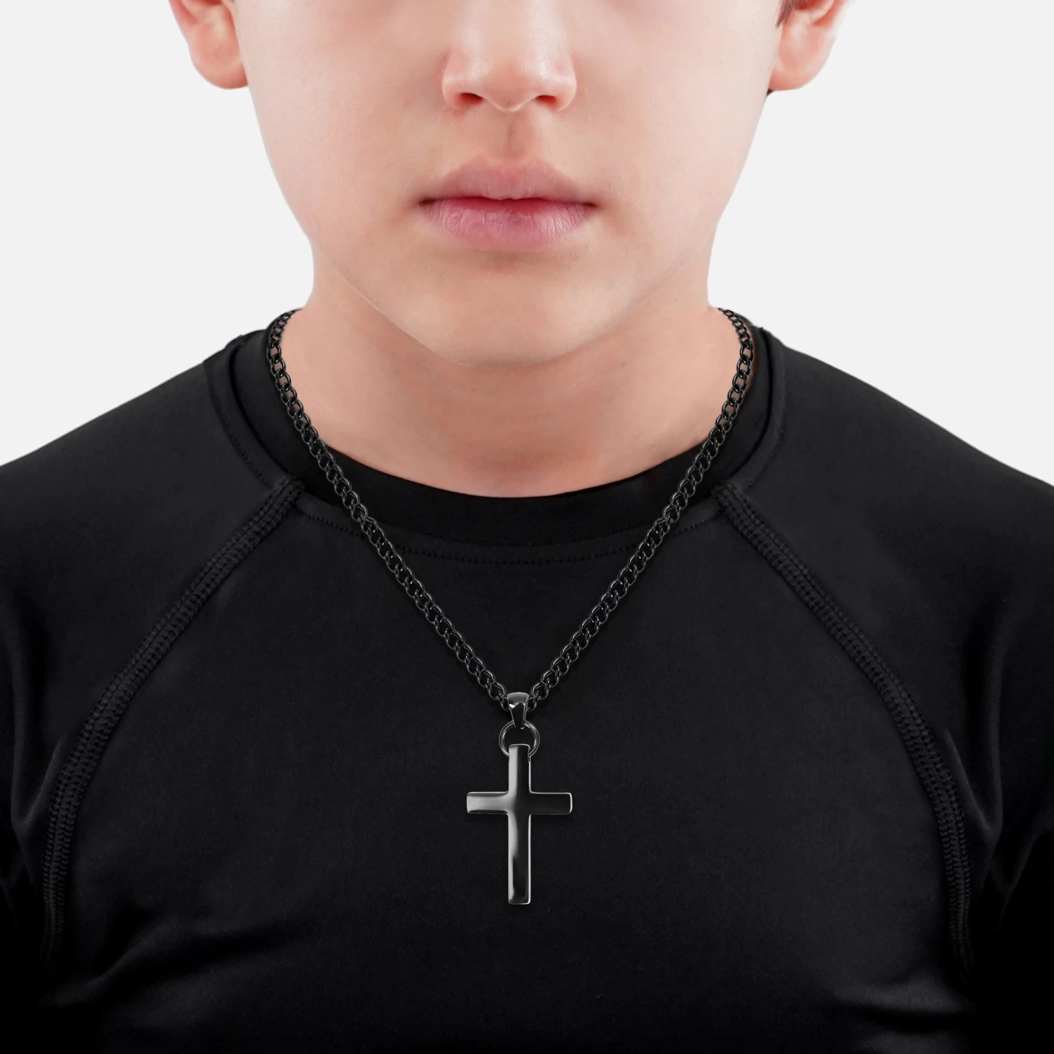 Faith Cross Pendant With Chain Kids Necklace - Black Stainless Steel - Image 2