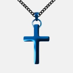 Faith Cross Pendant With Chain Necklace - Cobalt Blue Stainless Steel
