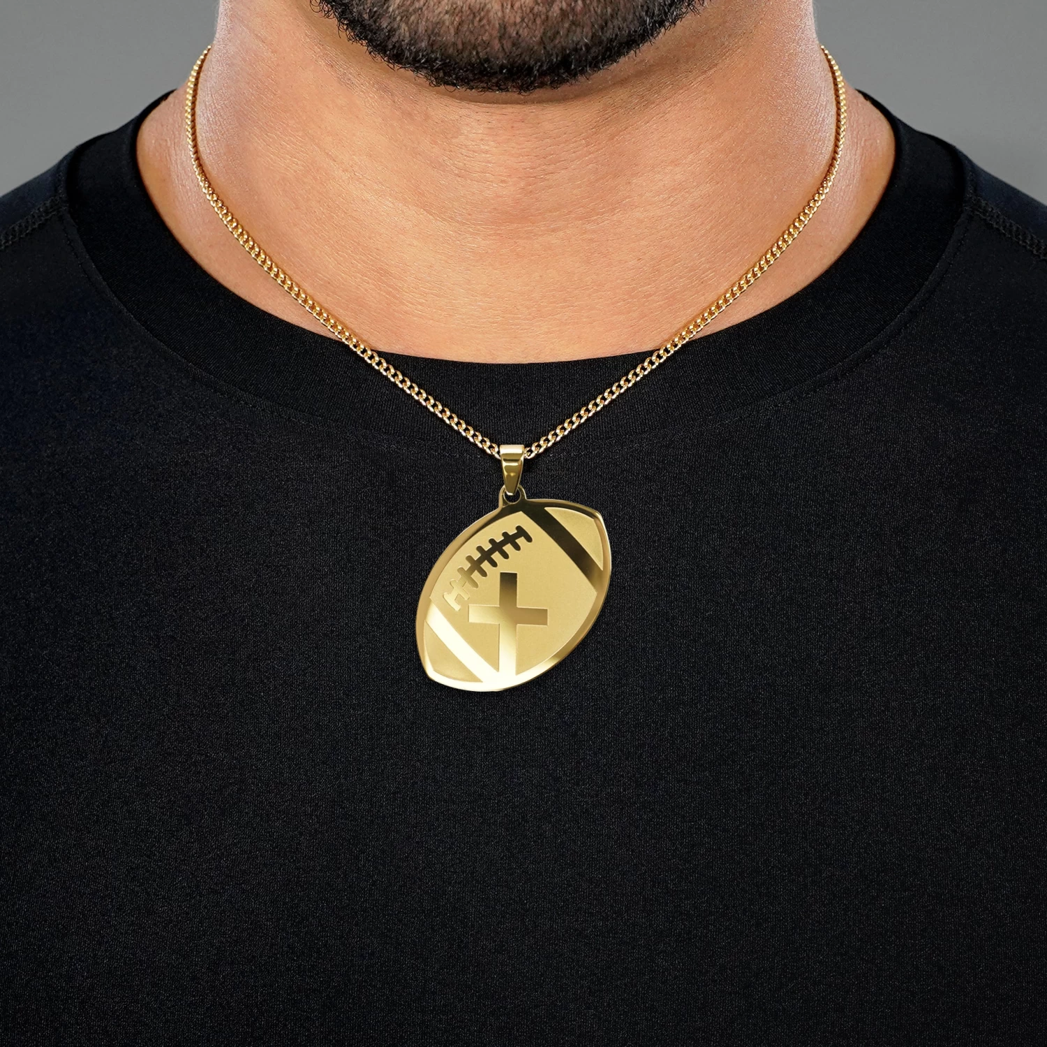 Football Faith Cross Pendant With Chain Necklace - Gold Plated Stainless Steel - Image 2