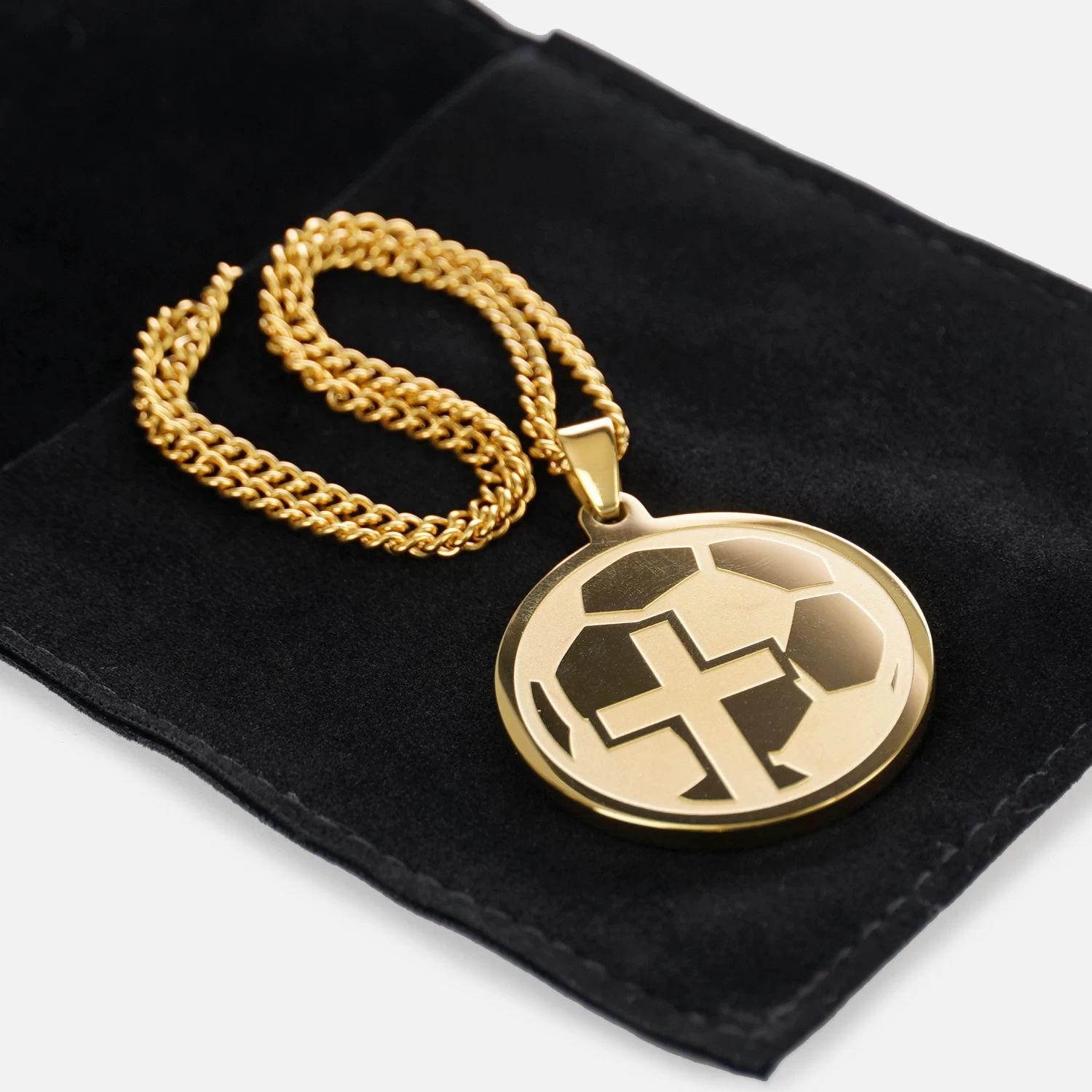 Soccer Faith Cross Pendant With Chain Necklace - Gold Plated Stainless Steel - Image 3
