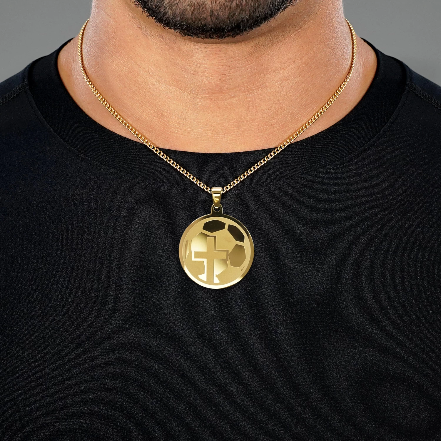 Soccer Faith Cross Pendant With Chain Necklace - Gold Plated Stainless Steel - Image 2