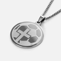 Soccer Faith Cross Pendant With Chain Necklace - Stainless Steel