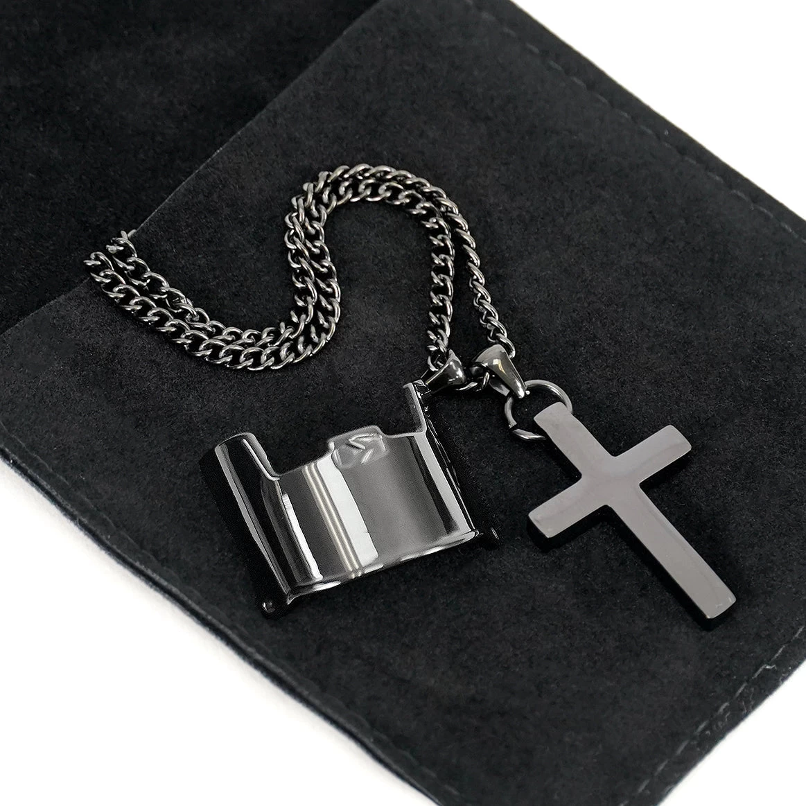 Visor & Cross Pendant With Chain Kids Necklace - Black Stainless Steel - Image 3