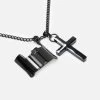 Visor & Cross Pendant With Chain Necklace - Black Stainless Steel