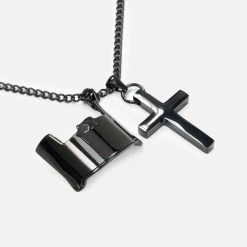 Visor & Cross Pendant With Chain Necklace - Black Stainless Steel