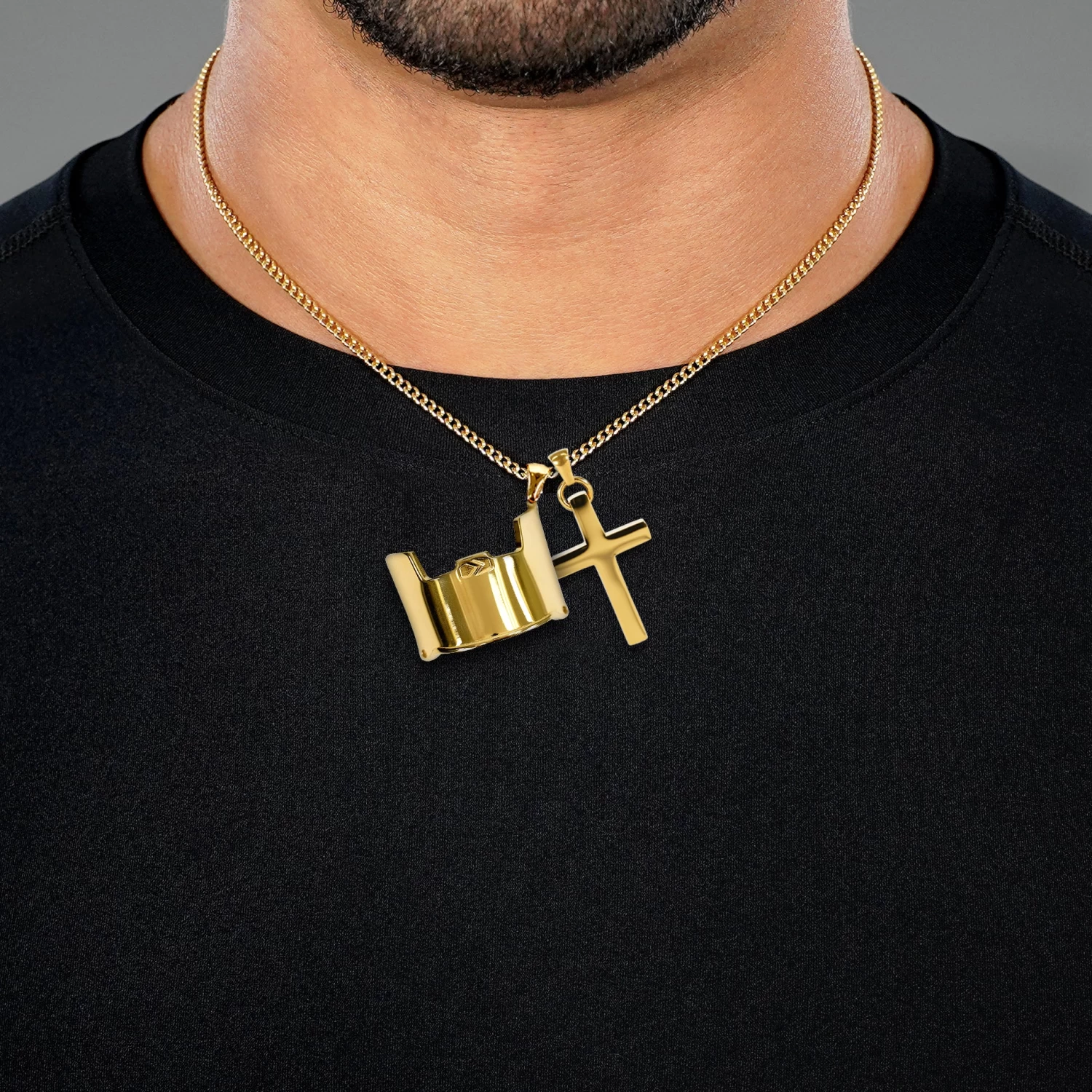 Visor & Cross Pendant With Chain Necklace - Gold Plated Stainless Steel - Image 2